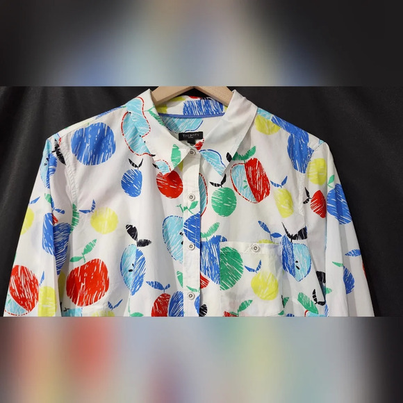Talbots Womens Button Front Top Size X Colorful Apples Teacher Education School - Picture 4 of 9